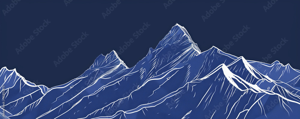 Poster a simple white line drawing on a sapphire background of a mountain with sharp peaks. the deep color 