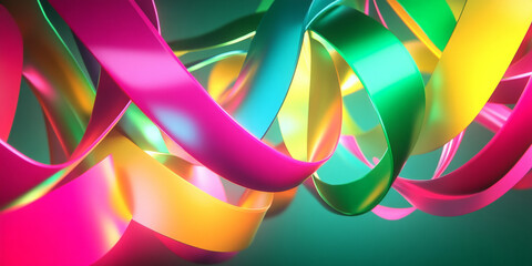 A vibrant 3D scene with twisting ribbons in neon colors, including green, pink, and yellow. The ribbons flow dynamically, adding a sense of energy and excitement.