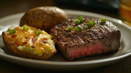 A close-up view of a full dinner plate featuring the New York strip steak, with the pepper crust glistening under the light, and the baked potato oozing with melted cheese and topp