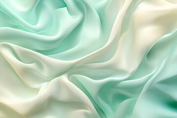 Obraz premium A serene abstract background with flowing 3D silk fabric in gradient shades of seafoam green to ivory. The fabricâ€™s soft waves create a tranquil, soothing effect.