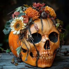 A spooky decoration of a skull crowned with autumn flowers and leaves