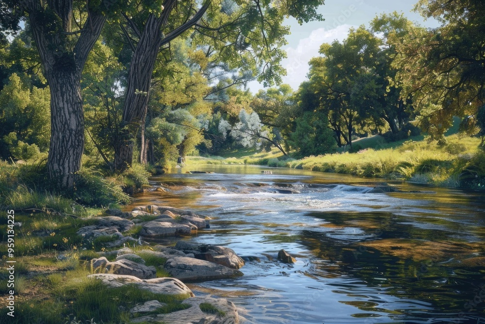 Poster A serene scene with a river winding its way through the trees, ideal for use in environmental or nature-focused contexts