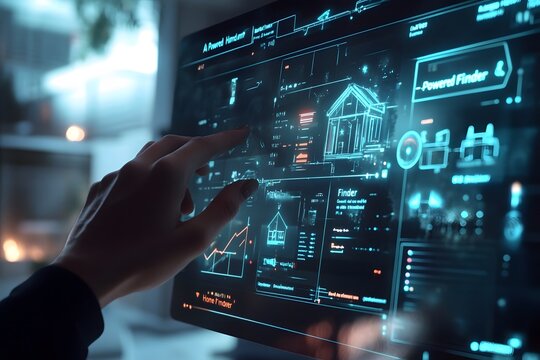 Hand Interacting with Futuristic Home Finder Interface