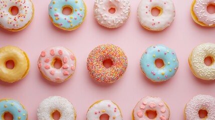 A beautiful display of pastelcolored donuts on a pink background, ideal for parties and special occasions. These delightful sweets are loved by all ages for their flavors and fun designs