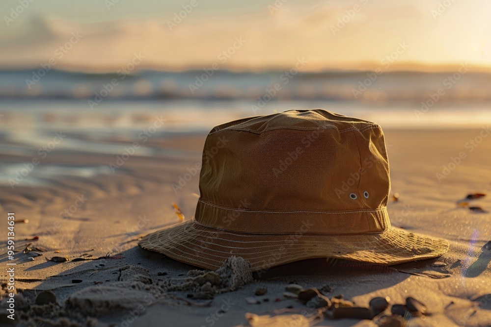 Poster A hat sits alone on the sandy beach, perfect for a vacation or a day at the shore