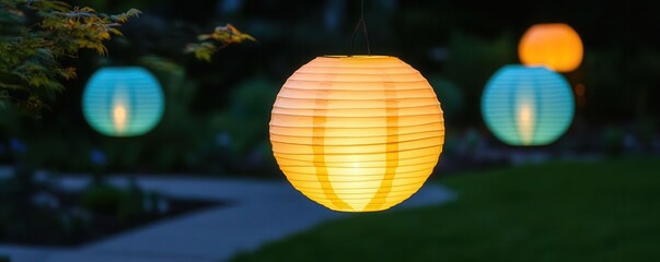 Fototapeta premium Glowing paper lanterns in a tranquil night garden, capturing a sense of peace, garden glowtime, soft and calming