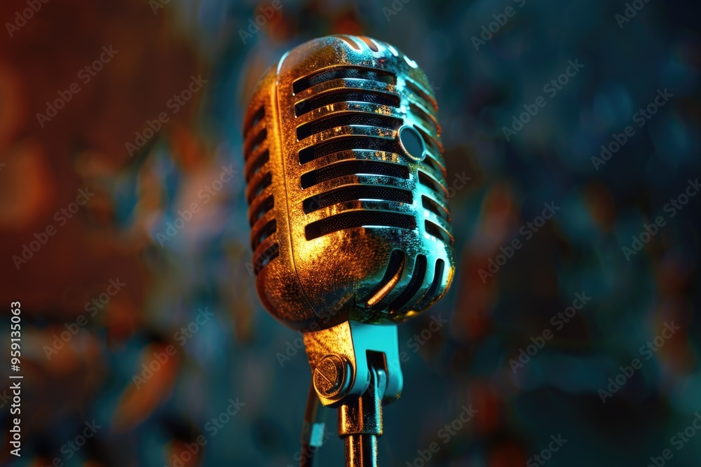 Poster A clear shot of a microphone with a blurred background, suitable for use in music or audio-related contexts