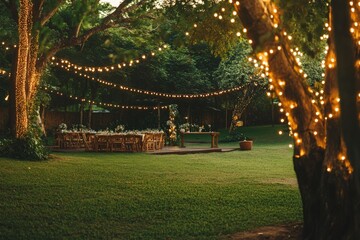 Magical outdoor evening celebration with string lights in a lush garden setting