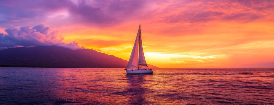 Sailboat on the ocean at sunset in Hawaii, panoramic view with a beautiful, colorful sky and island silhouette in the background