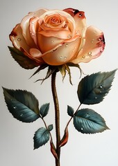 A rose with water droplets on it. The droplets are small and scattered, giving the impression of a light rain. The rose is the main focus of the image, and the droplets add a sense of freshness