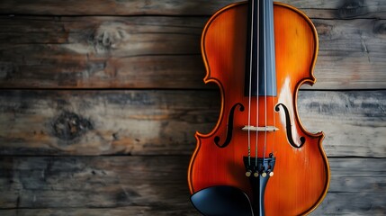 Fototapeta premium Classic wooden violin resting on rustic wooden planks, highlighting traditional craftsmanship and musical heritage, Copy Space