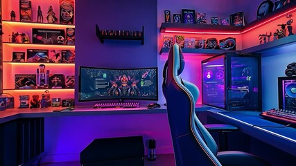 A gaming area including bright LED strips along the walls, a sleek desk with two monitors, and a collection of gaming memorabilia