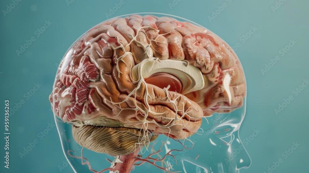 Poster a 3d model of the human brain displayed in a clear acrylic container, suitable for scientific or edu