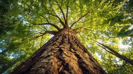 Majestic tall tree viewed from below with sunlight filtering through green canopy, forest perspective, copy space