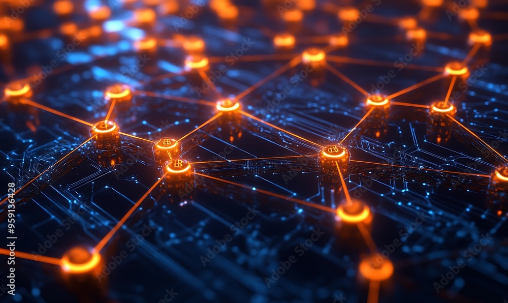 Aufkleber illuminated cryptocurrency nodes connected by lines on a circuit board