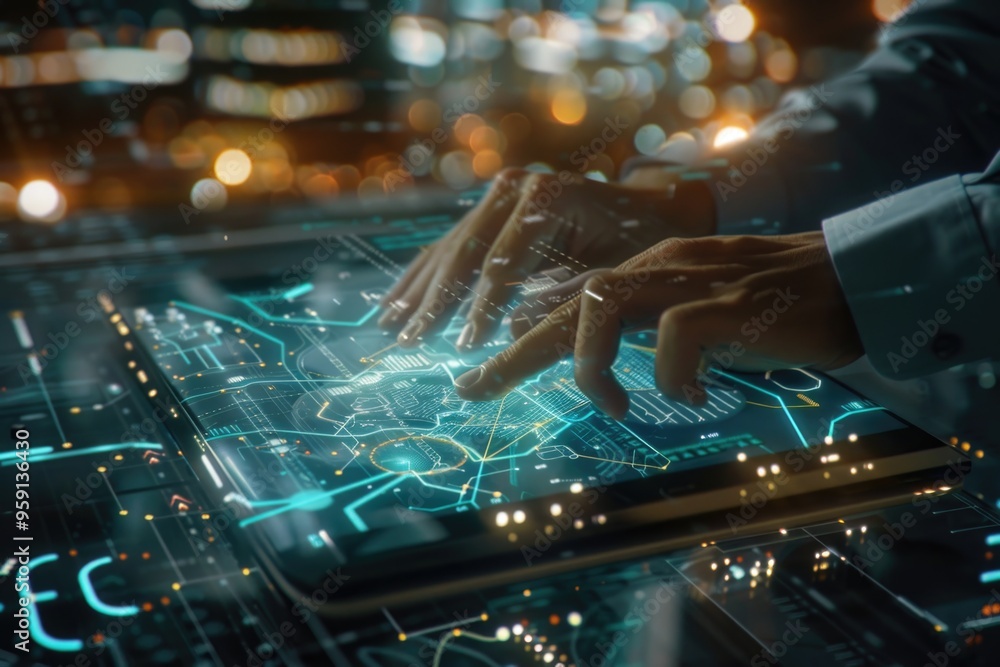 Poster close-up shot of a person holding and typing on a tablet device