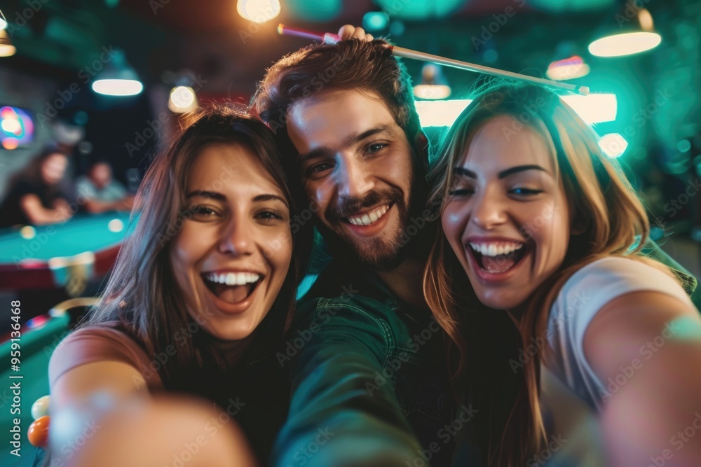 Poster a group of friends having fun at the pool table, laughing and taking a selfie