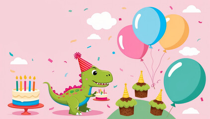 cute cartoon dragon with cake, birthday flat design illustration