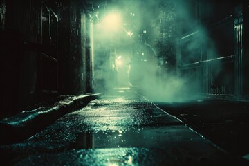 Foggy road at night with a street lamp, perfect for use in crime or thriller scene