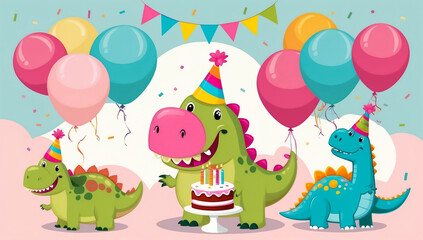 cute cartoon dragon with cake, birthday flat design illustration