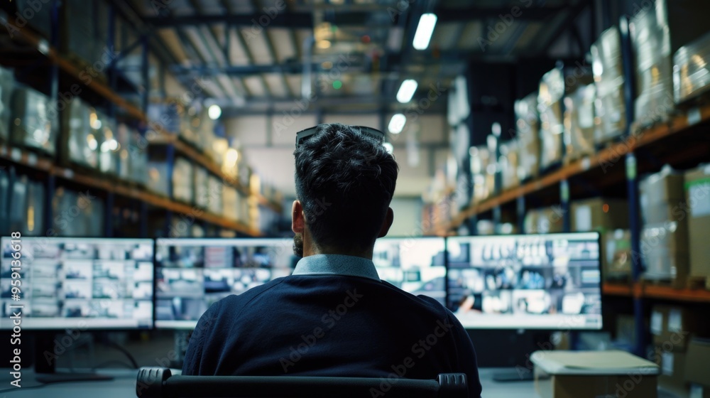 Poster A person sitting in front of two computer monitors in a warehouse setting, possibly working or monitoring something
