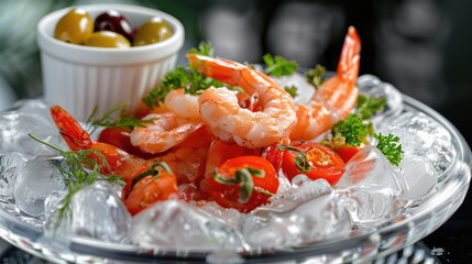 Fresh seafood and vegetable platter served on ice with olives