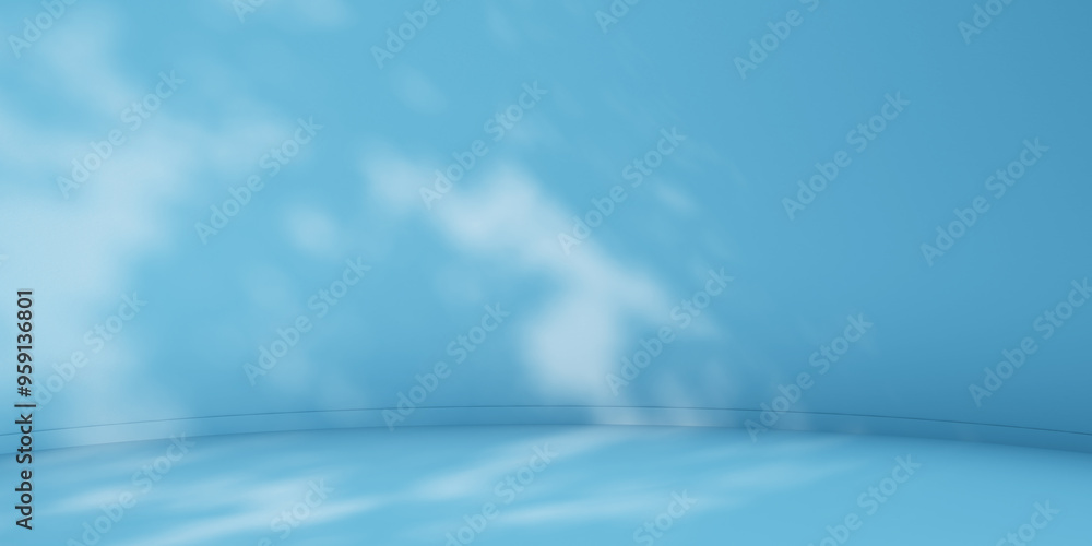 Poster blue minimalist curved studio for product presentation. empty room with shadows of tree leaves. 3d r