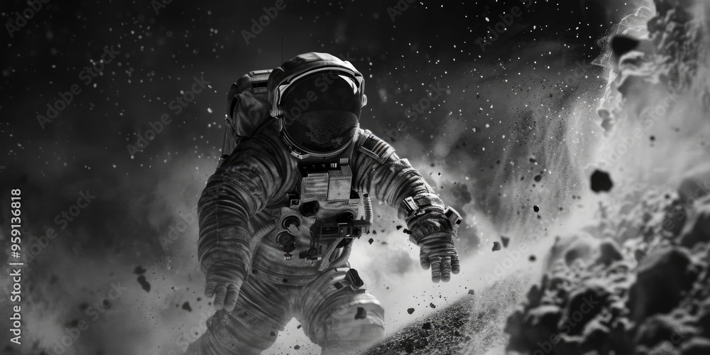 Poster a person dressed as an astronaut walks through snowy terrain, conveying a sense of adventure and exp