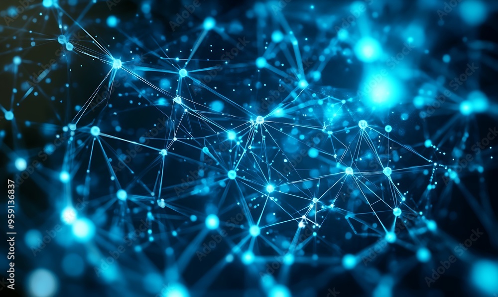 Poster abstract blue network with glowing nodes and lines