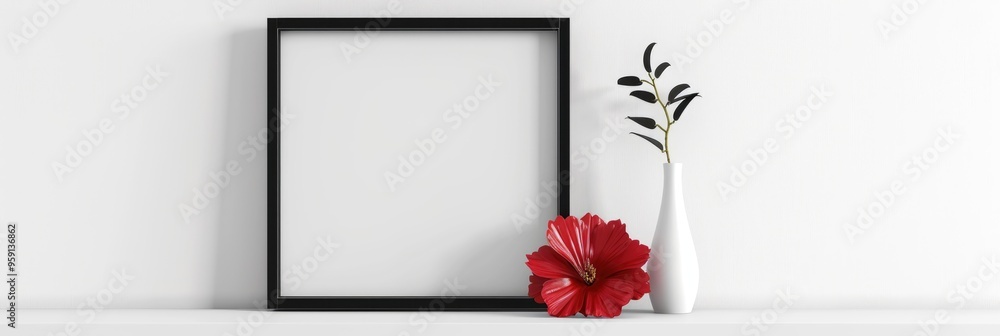 Poster flower displayed in an empty frame on a shelf