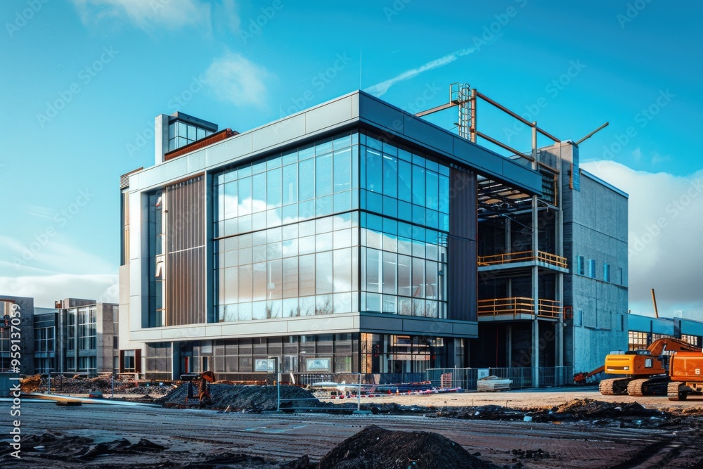 Aufkleber A busy construction site with a large building under development and a bulldozer working on the ground