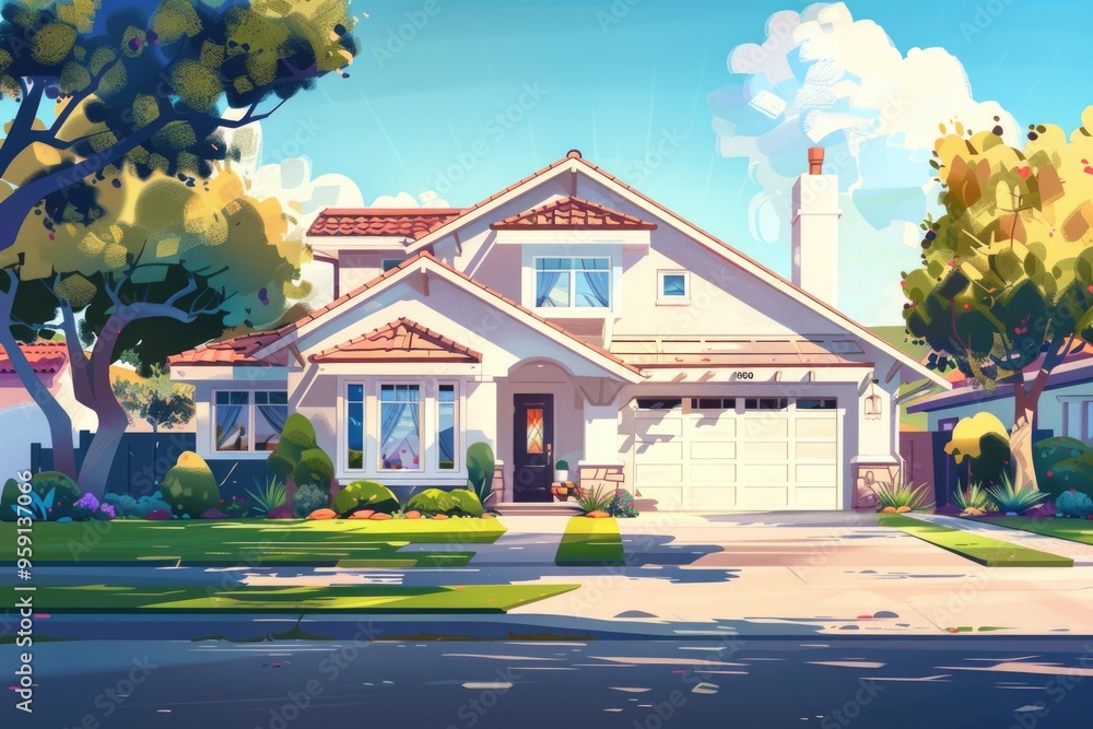 Poster a single-family home in a quiet suburban area with trees and greenery
