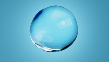 Abstract water bubble on blue background. Blue distorted droplet floating, Purity concept. 3d render illustration