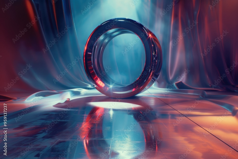 Poster A large circular object sits on a smooth, reflective surface
