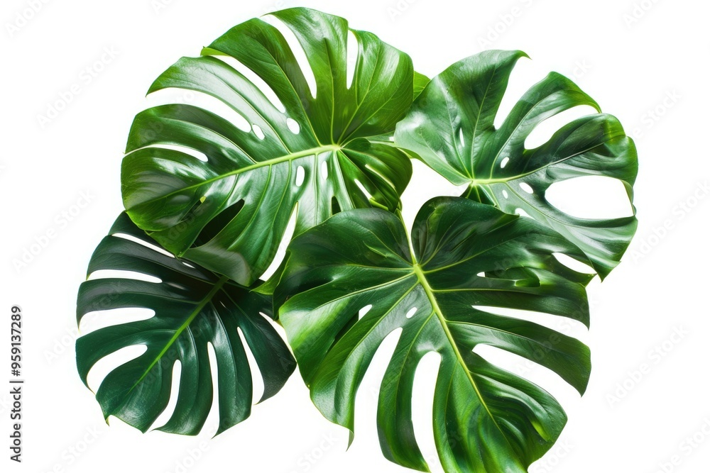 Poster a simple composition of three green leaves on a white background, suitable for various designs and p