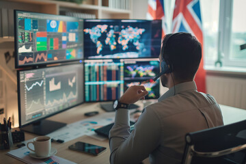 Global market analyst in an office with a world map and multiple screens showing international market indices. The analyst is on a video call, discussing global market trends with colleagues.

