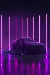 A sleek car covered with cloth against a dark background, illuminated by violet neon lights