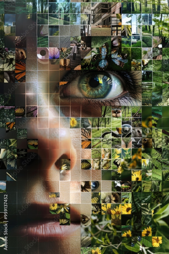 Poster a close-up image of a woman's face composed from multiple photos, with different facial expressions 