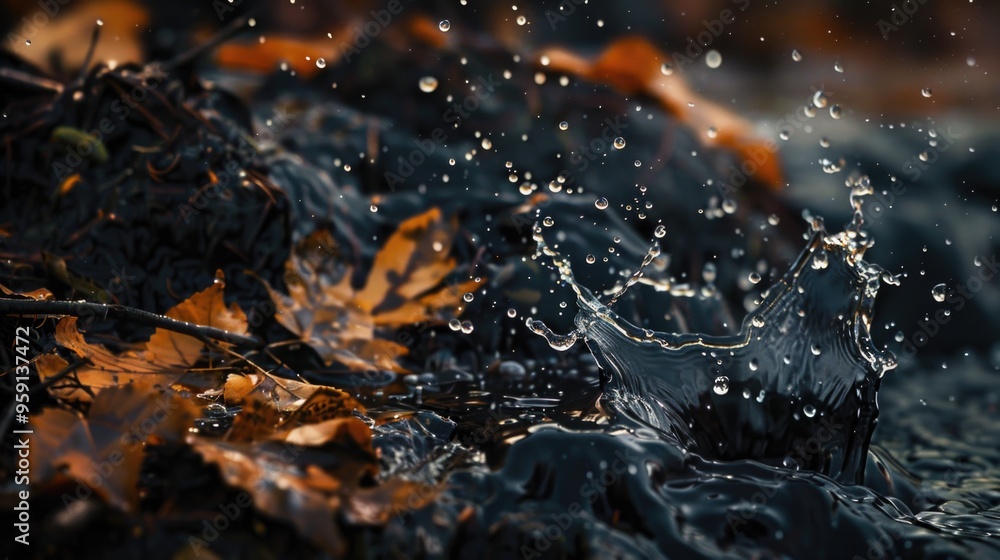 Poster a close-up shot of water splashing on leaves, suitable for use in nature or environmental-related pr
