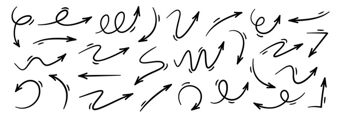 Arrows hand drawn doodle icons set. Curved cartoon arrows sketches collection. Flat and thin pointers illustrations. Scribble swirl arrow signs.