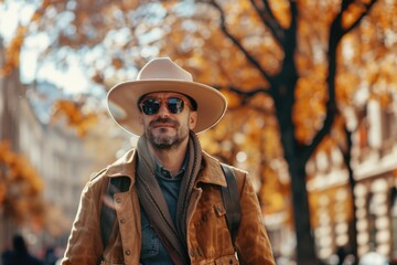 Obraz premium A person walking on the street wearing a hat and sunglasses, one informative phrase about what pictured on image and a one phrase with a short advice of where may be used this picture