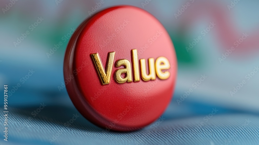 Poster a close up of a red button with the word value on it, ai