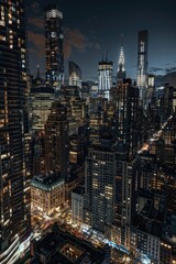 Fototapeta premium Aerial view of city skyline at night, with buildings and streets lit up