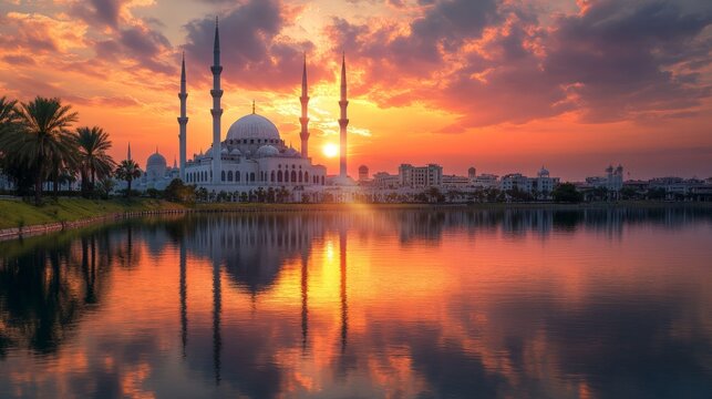 Majestic mosque silhouette at sunset with reflective lake and vibrant sky - Powered by Adobe