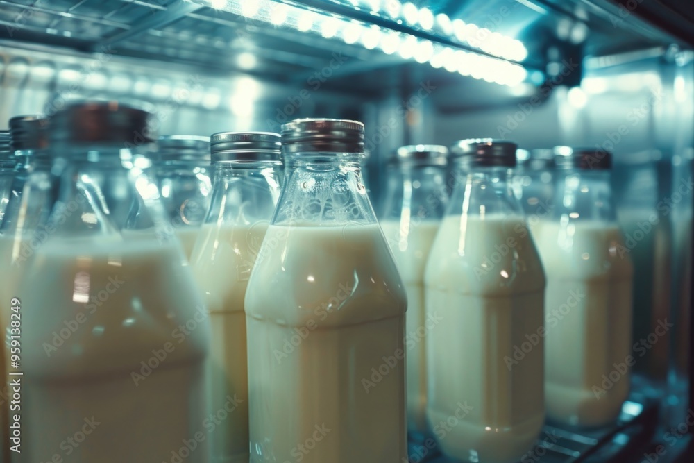 Poster a shelf filled with various sizes and types of milk bottles