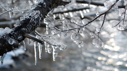 Close-up of ice-covered tree branches after an ice storm, with icicles hanging down.