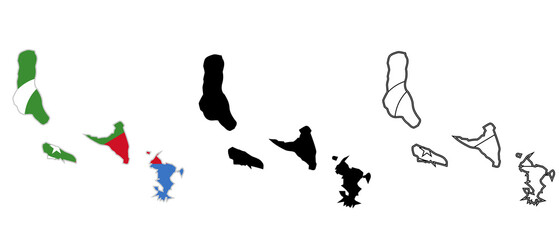 Comoros Islands Map outline, silhouette, comoros flag isolated on comoros map with transparent background.