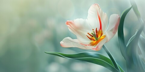 Fototapeta premium A solitary Tulip bloom unfurls to display rich stamen A single petal on the opposite side showcases a crimson stripe Soft focused green Tulip foliage envelops the flower The quintessential