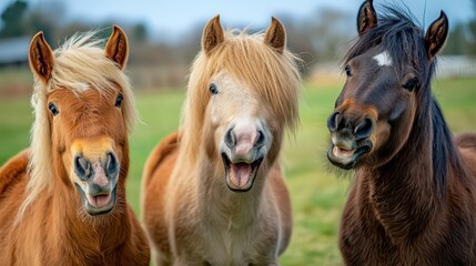 Three happy horses enjoying a sunny afternoon in a lush green pasture