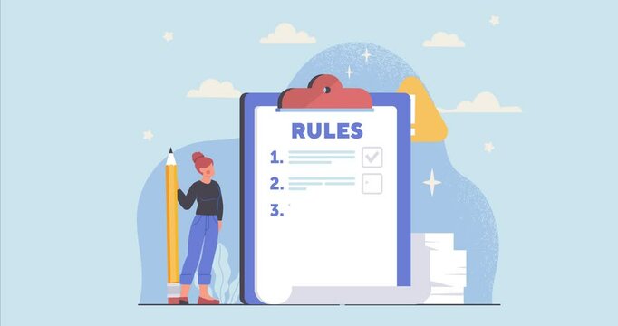 List of rules and regulations for employees. Moving banner with woman writing document or manual of corporate compliance for office staff. Legal Guidance. Cartoon flat animated graphics